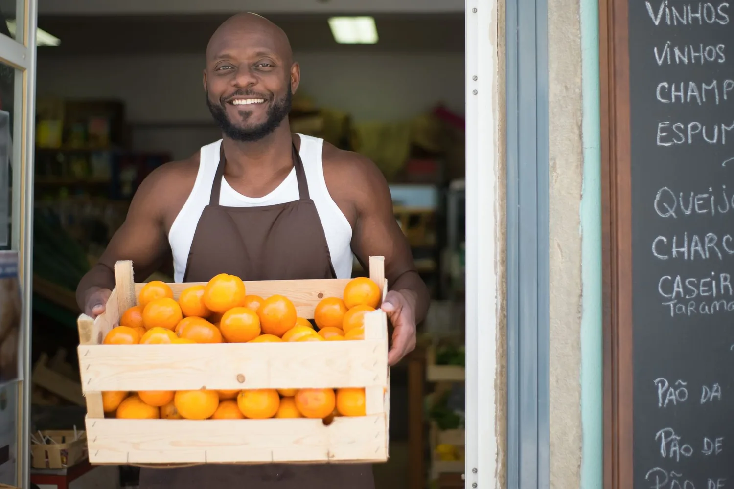 Comerciante sonriendo en la puerta de su local con una caja de naranjas.
